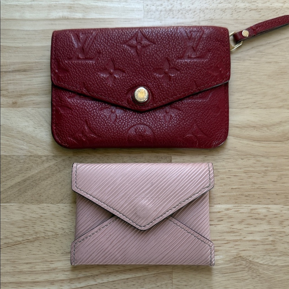Louis Vuitton Red Embossed Wristlet with Light Pink Compact Wallet